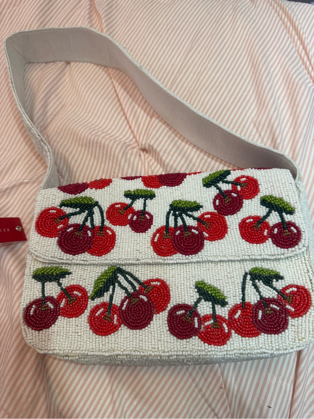 Beaded Cherry Crossbody Bag - White with Red Cherries